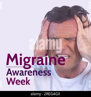 Text zur Migränebewusstseinswoche in lila über weißem Mann, der bei Schmerzen den Kopf umklammert Stockfoto