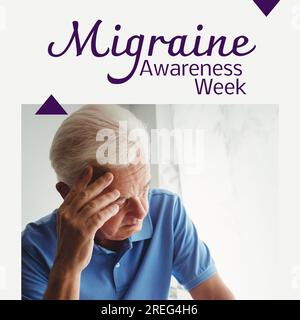 Text zur Migränebewusstseinswoche in Lila mit erfahrenem weissen Mann, der bei Schmerzen den Kopf berührt Stockfoto