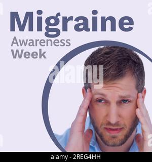 Text zur Migränebewusstseinswoche in Grau mit unglücklichem Kaukasier, der Schläfen in Schmerz hält Stockfoto