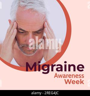 Text zur Migränebewusstseinswoche in Braun mit Chefkaukasier, der den Kopf bei Schmerzen hält Stockfoto