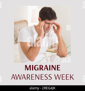 Wochentext Migränebewusstsein in Braun mit weißem Mann, der Kopf in Schmerzen hält Stockfoto