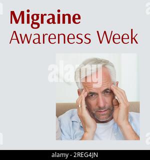 Text zur Migränebewusstseinswoche in Rot mit Chefkaukasier, der Schläfe im Schmerz hält Stockfoto