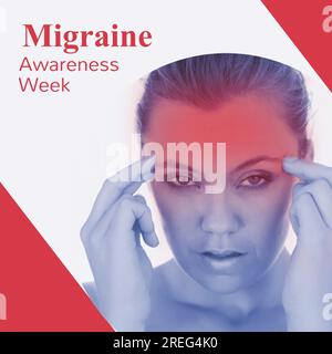 Text zur Migränebewusstseinswoche in Rot mit unglücklicher Kaukasierin, die Kopf in Schmerzen hält Stockfoto