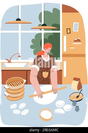 Weibliche Charakter Kochen und Backen, Dame mit Nudelholz für die Herstellung von Geschirr, Kekse oder Brot, Teig für Pizza. Frau macht Gebäck und Desserts bei Stock Vektor