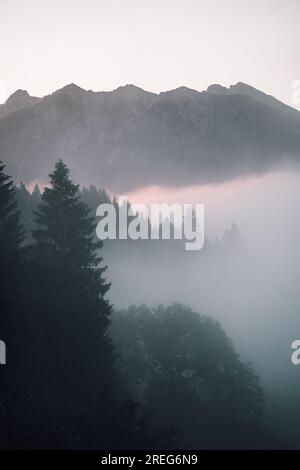 Blick auf Berge und Wälder bei Sonnenaufgang am Geroldsee, Bayern, Deutschland, Europa Stockfoto