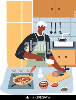 Vorbereitung Abendessen oder Mittagessen für die Familie zu Hause, Persönlichkeit in der Küche schneiden Fisch. Rezept und Hausarbeit, Koch mit Zutaten für das Frühstück. Zu Hause Stock Vektor