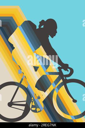 Radfahrer-Frau farbenfrohe Silhouettenvektordarstellung in Bewegung. Gelbes Raddesign auf blauem Hintergrund, fertige Cover-Poster Stock Vektor