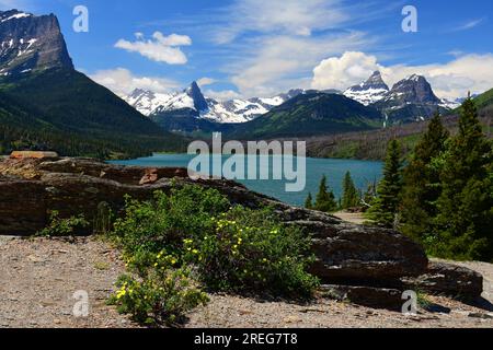 Spektakuläres Panorama auf den Fusillade Mountain, den Schusskamm, Wildblumen und den St. mary Lake vom Sun Point Trail im Gletscher-Nationalpark, montana Stockfoto