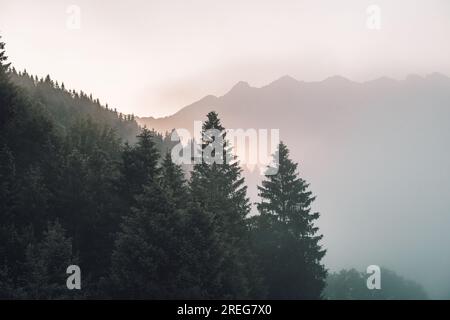 Blick auf Berge und Wälder bei Sonnenaufgang am Geroldsee, Bayern, Deutschland, Europa Stockfoto