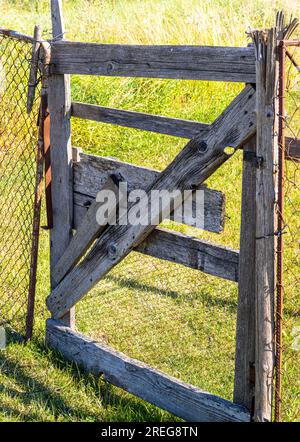 Altes Holztor am Zaun. Stockfoto