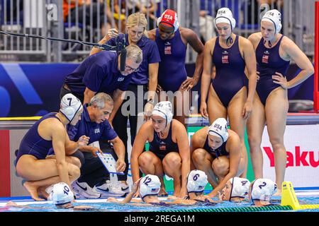 Fukuoka, Japan. 28. Juli 2023. FUKUOKA, JAPAN - JULI 28: Ashleigh Johnson aus den USA, Madeline Musselman aus den USA, Tara Prentice aus den USA, Rachel Fattal aus den USA, Maggie Steffens aus den USA, Jewel Roemer aus den USA, Ryann Neushul aus den USA, Emily Mary Ausmus aus den USA, Kaleigh Gilchrist aus den USA, Bayley Weber aus den USA, Jenna Michelle Flynn aus den USA, Amanda Longan aus den USA, Jordan Raney aus den USA während der World Aquatics Championships 2023 Women's Waterpolo 5.-6. Place Decider Match zwischen den USA und Ungarn am 28. Juli 2023 in Fukuoka, Japan (Foto von Albert ten Hove/Orange Pictures). Kredit: Orange Pics BV/Alamy Live News Stockfoto