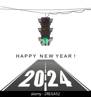 Neujahrskarte. 2024 Ampel, grüne Ampel. Neujahrskonzept. Vektor. Stock Vektor