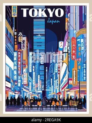 Reiseziel Tokio Japan – Poster. Exotische Reisen, Sommerurlaub, Urlaubskonzept. Nachtstadt, Megapolis-Vektor, farbenfrohe Illustration Stock Vektor