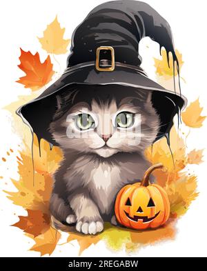 vector niedliche graue halloween-Katze. Aquarell-Vektor lächelnder Kürbis und graue Katze. halloween-Katze und Kürbisse auf weißem Hintergrund Stock Vektor