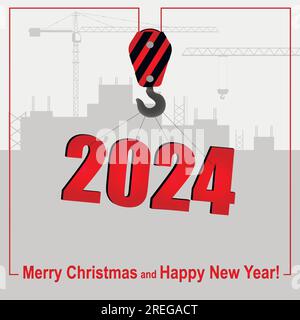 Frohes neues Jahr und frohe Weihnachten. Ein Kran hebt das Symbol von 2024 vor dem Hintergrund einer Baustelle auf. Stock Vektor