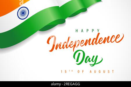 Happy Independence Day of India (Indischer Unabhängigkeitstag) mit 3D winkender Flagge. Patriotische indische Nationalflagge für Feiertage am 15. August. Vektordarstellung Stock Vektor