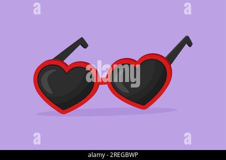 Flache Zeichentrickbrille in Form von Herzen oder Liebe. Mode und Style, Partyzubehör. Trendiges Logo für Sonnenbrillen. Stylist-Brille für Trav Stockfoto