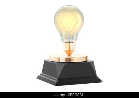 Goldene Glühbirne, Podest mit Auszeichnung. 3D-Rendering auf weißem Hintergrund isoliert Stockfoto