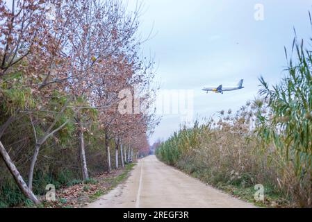 Seitenansicht eines Flugzeugs, das über einer unbefestigten Straße in einer ländlichen Gegend in der Nähe des Flughafens abhebt Stockfoto