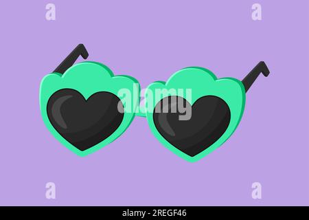 Flache Zeichentrickbrille in Form von Herzen oder Liebe. Mode und Style, Partyzubehör. Trendiges Logo für Sonnenbrillen. Stylist-Brille für Trav Stockfoto