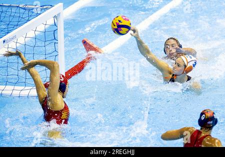 FUKUOKA - Brigitte Sleeking in Aktion gegen Martina Terre während des Wasserpolo Frauen-Finales Niederlande - Spanien am sechsten Tag der Schwimmweltmeisterschaft in Japan. ANP KOEN VAN WEEL Stockfoto