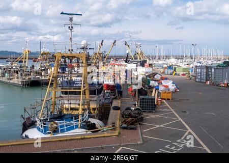 Fischerboote im Hafen von Brixham, einem großen Fischereihafen in Devon, England. Fischereiindustrie Vereinigtes Königreich Stockfoto