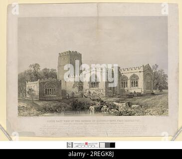 Südöstlicher Blick auf die Kirche Clynnog-Vawr in der Nähe von Carnarvon, mit der abgelegenen chantry of St. Beuno, sein Schutzpatron 1858 von Jonathan Needham Stockfoto