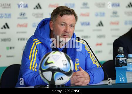 Wellington, Neuseeland. 28. Juli 2023. Peter GERHARDSSON (SWE), 28. Juli 2023 - Fußball/Fußball : Cheftrainer Peter GERHARDSSON aus Schweden nimmt an einer Pressekonferenz im Vorfeld des FIFA Womens World Cup Australia & Neuseeland 2023 Group G zwischen Schweden und Italien im Wellington Regional Stadium in Wellington, Neuseeland, Teil. Kredit: AFLO/Alamy Live News Stockfoto