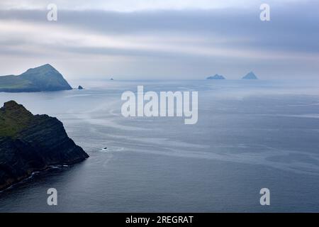 Blick auf die Skelligs vom Aussichtspunkt Portmagee Skelligs Cliff, County Kerry, Irland. Stockfoto