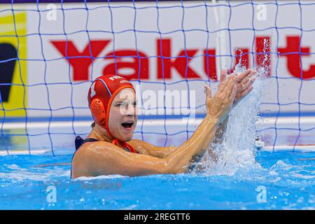 Fukuoka, Japan. 28. Juli 2023. FUKUOKA, JAPAN - 28. JULI: Laura Aarts aus den Niederlanden feiert während der Wasserball-Weltmeisterschaft 2023 Frauen Wasserpolo Gold Medaillenspiel zwischen den Niederlanden und Spanien am 28. Juli 2023 in Fukuoka, Japan (Foto von Albert Ten Hove/Orange Pictures). Guthaben: Orange Pics BV/Alamy Live News Stockfoto