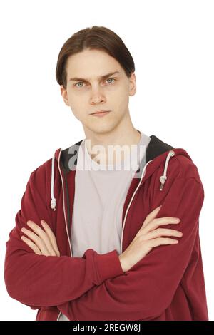 Ein sehr verwirrter junger Mann mit einem Kreuzschuss-Porträt. Zweifel, Wahl und Denkkonzept Stockfoto