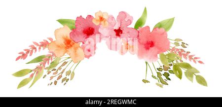 Aquarell Orange und Rosa abstrakte Blumen mit grünen Blättern und Zweigen. Handgezeichnete Illustration mit Blumenstrauß für Grußkarten oder Hochzeitseinladungen. Zeichnen auf isoliertem weißem Hintergrund. Stockfoto