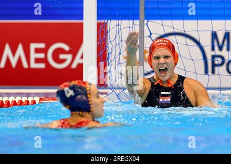 Fukuoka, Japan. 28. Juli 2023. FUKUOKA, JAPAN - 28. JULI: Laura Aarts aus den Niederlanden nach dem Wasserpolo-Spiel der Frauen zwischen den Niederlanden und Spanien am 15. Tag der Wasserweltmeisterschaft Fukuoka 2023 auf der Marine Messe Fukuoka Halle B am 28. Juli 2023 in Fukuoka, Japan. (Foto: Nikola Krstic/BSR Agency) Kredit: BSR Agency/Alamy Live News Stockfoto