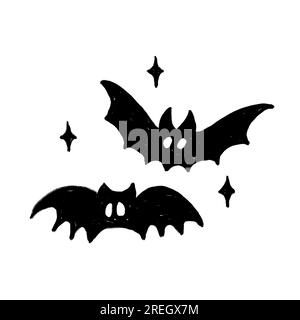 Handgezeichnete Darstellung schwarzer Vampirfledermäuse am dunklen Nachthimmel. Halloween gruseliges Horrorkonzept fliegendes gotisches Design Tierwelt, mysteriöses Monster Tier Stockfoto
