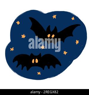 Handgezeichnete Darstellung schwarzer Vampirfledermäuse am dunklen Nachthimmel. Halloween gruseliges Horrorkonzept fliegendes gotisches Design Tierwelt, mysteriöses Monster Tier Stockfoto