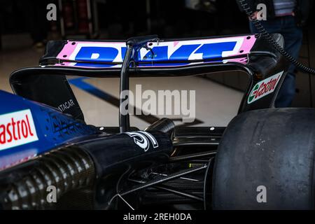 Stavelot, Belgien. 28. Juli 2023. Stavelot, Belgien, 2807/2023, Alpine F1 Team A523, mechanische Details des Heckflügels während der Formel 1 MSC Cruises Belgischer Grand Prix 2023, 12. Runde der Formel 1-Weltmeisterschaft 2023 vom 28. Bis 30. Juli 2023 auf dem Circuit de Spa-Francorchamps in Stavelot, Belgien Gutschrift: Unabhängige Fotoagentur/Alamy Live News Stockfoto