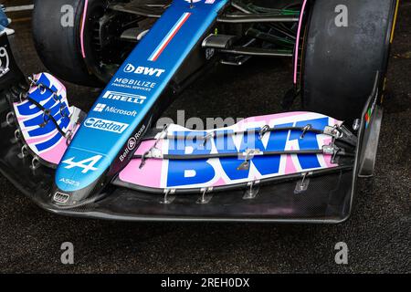 Stavelot, Belgien. 28. Juli 2023. Stavelot, Belgien, 2807/2023, Alpine F1 Team A523, mechanische Details des vorderen Kotflügels während der Formel 1 MSC Cruises Belgischer Grand Prix 2023, 12. Runde der Formel 1-Weltmeisterschaft 2023 vom 28. Bis 30. Juli 2023 auf dem Circuit de Spa-Francorchamps in Stavelot, Belgien Guthaben: Unabhängige Fotoagentur/Alamy Live News Stockfoto