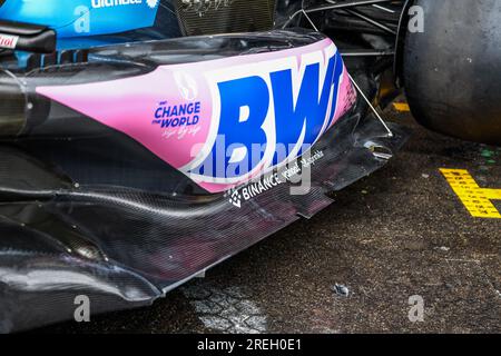 Stavelot, Belgien. 28. Juli 2023. Stavelot, Belgien, 2807/2023, Alpine F1 Team A523, mechanische Details des Bodens und der Seitenverkleidung während der Formel 1 MSC Cruises 2023 Grand Prix, 12. Runde der Formel-1-Weltmeisterschaft 2023 vom 28. Bis 30. Juli 2023 auf dem Circuit de Spa-Francorchamps in Stavelot, Belgien Gutschrift: Unabhängige Fotoagentur/Alamy Live News Stockfoto