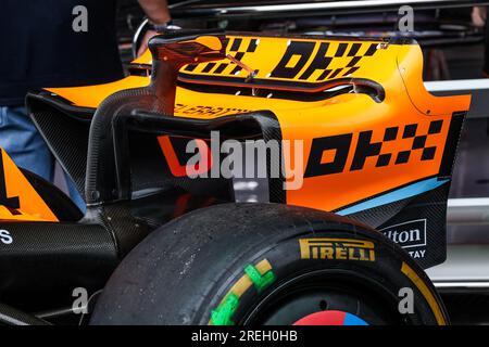 Stavelot, Belgien. 28. Juli 2023. Stavelot, Belgien, 2807/2023, McLaren F1 Team MCL60, mechanische Details des Heckflügels während der Formel 1 MSC Cruises Belgischer Grand Prix 2023, 12. Runde der Formel 1-Weltmeisterschaft 2023 vom 28. Bis 30. Juli 2023 auf dem Circuit de Spa-Francorchamps in Stavelot, Belgien Gutschrift: Unabhängige Fotoagentur/Alamy Live News Stockfoto