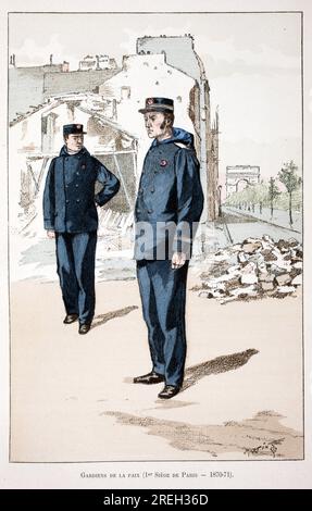 Gardiens de la paix (Premier siege de Paris 1870-1871). Eau forte en couleurs, pour Illustrator 'Histoire du Corps des gardiens de la paix' ouvrage publie sous les auspices de Louis Lepine (1846-1933) prefet de Police de la seine, par Alfred Rey (1864-?) Et Louis Feron (1862-?), Ausgabe Firmin Didot et Cie, 1896, Paris. Stockfoto