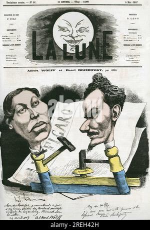 Portrait de Albert Wolff et Henri Rochefort (1831-1913) journaliste et homme politique francais. Karikatur par Gill, in "La Lune", le 4 Mai 1867. Stockfoto