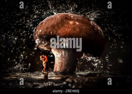 Ein junges, liebevolles Miniaturpaar küsst und umarmt sich unter einem Pilz, während es um sie herum regnet. Diese Szene wurde mit der Verwendung von min geschaffen Stockfoto