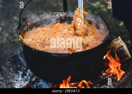 Kohlsuppe oder Eintopf Kochen in einem großen Topf auf dem offenen Feuer mit Flammen, aus der Nähe Stockfoto