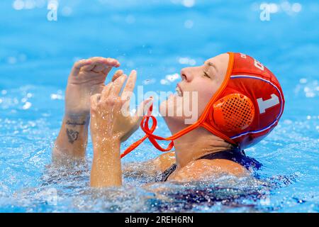 Fukuoka, Japan. 28. Juli 2023. FUKUOKA, JAPAN - 28. JULI: Laura Aarts aus den Niederlanden während der Wasserball-Weltmeisterschaft 2023 Frauen Wasserpolo Gold Medaillenspiel zwischen den Niederlanden und Spanien am 28. Juli 2023 in Fukuoka, Japan (Foto: Albert Ten Hove/Orange Pictures) Guthaben: Orange Pics BV/Alamy Live News Stockfoto