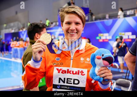 Fukuoka, Japan. 28. Juli 2023. FUKUOKA, JAPAN - JULI 28: Laura Aarts aus den Niederlanden erhielt während der Wasserball-Weltmeisterschaft 2023 eine goldene Medaille für Frauen zwischen den Niederlanden und Spanien am 28. Juli 2023 in Fukuoka, Japan (Foto von Albert Ten Hove/Orange Pictures). Kredit: Orange Pics BV/Alamy Live News Stockfoto