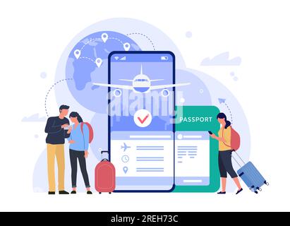 App für den Kauf von Flugtickets. Leute kaufen Tickets online, telefonischer Buchungsservice für Tourismus und Urlaub Stock Vektor