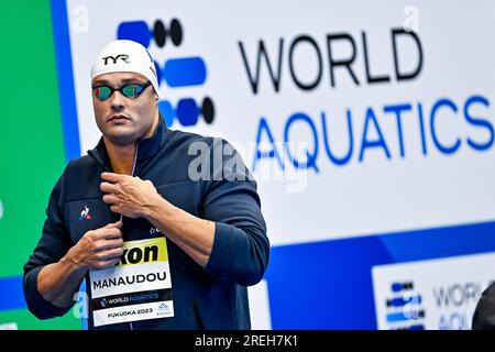 Fukuoka, Japan. 28. Juli 2023. Florent Manaudou aus Frankreich bereitet sich auf das Finale der Freestyle Men 50m während der Aquatics World Championships 20. in der Marine Messe Hall A in Fukuoka (Japan) am 28. Juli 2023 vor. Kredit: Insidefoto di andrea staccioli/Alamy Live News Stockfoto