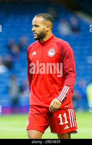 Youssef el Arabi spielte für den Olympiacos FC und wurde während eines Trainings im Ibrox Stadium, Glasgow, Großbritannien, fotografiert Stockfoto