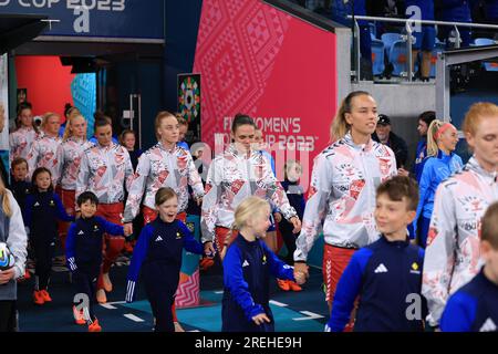 28. Juli 2023; Sydney Football Stadium, Sydney, NSW, Australien: FIFA Womens World Cup Group D Football, England gegen Dänemark; dänische Spieler betreten das Spielfeld Stockfoto