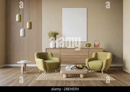 Exquisites Apartment in sanften neutralen Farben mit komfortablen Möbeln, elegantem Design und warmem Ambiente Stockfoto